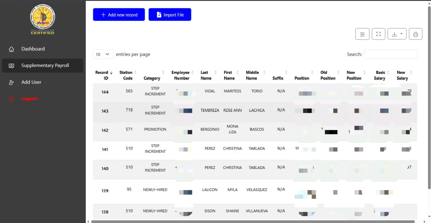 Supplementary Payroll Page